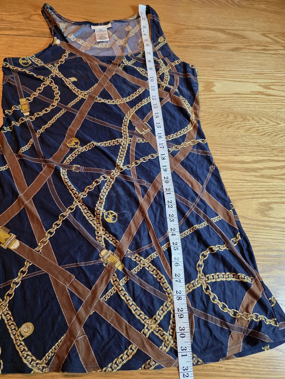 Michael Kors Navy Dress with Gold Chain & Brown Strap Print